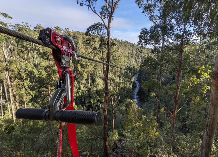 Zipline handle bars and zipline over Tasmanian forest floor and river